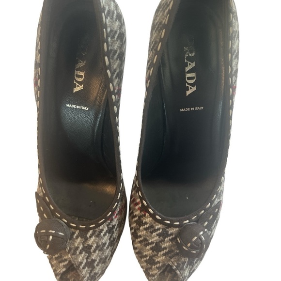 Prada Vero Cocio Check Rose Tweed Wool plaid rosette brown red heels size 36.5 - Picture 4 of 8